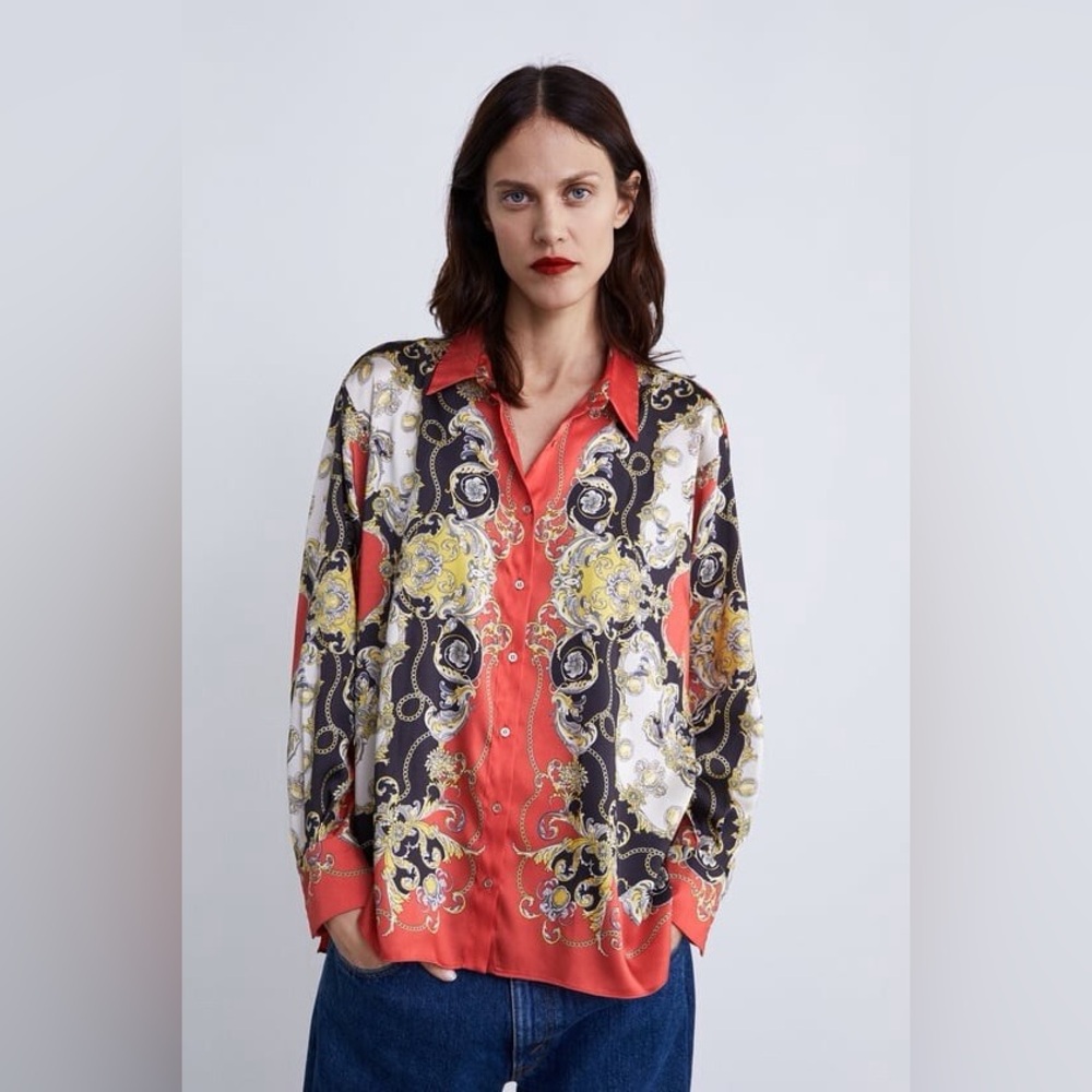 Zara Chain Scarf Print Paisley Baroque Pattern Button-Down Shirt vintage blouse